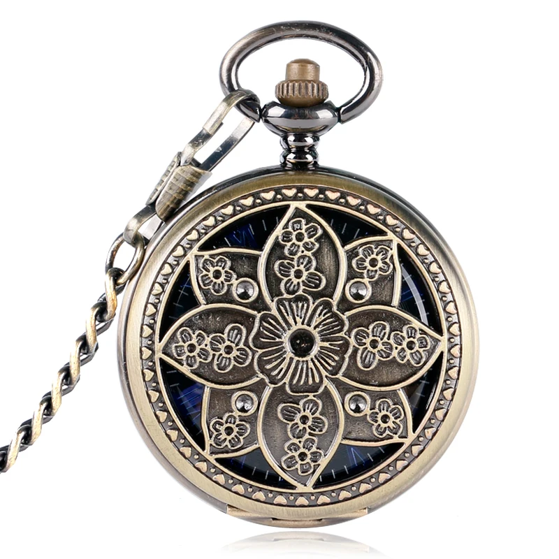 

2017 Retro Lotus Flower Copper Pocket Watch Women Skeleton Mechanical Hand-winding Blue Roman Numerals Pendant Clock Gift P2016C