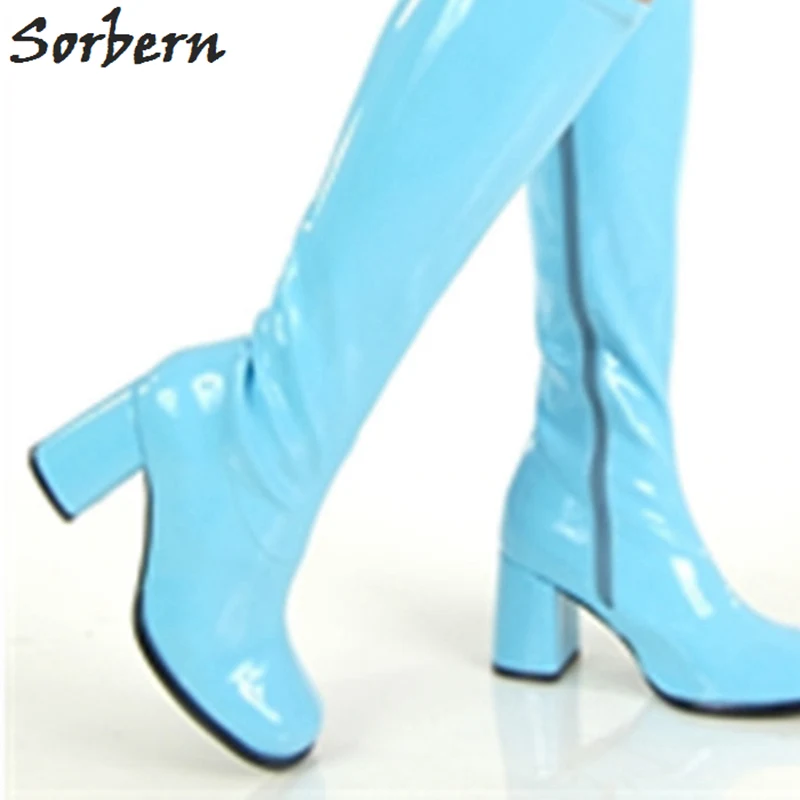 Sky Blue Shiny Sorbern Модные Сапоги выше колена Для женщин низкий не сужающийся к низу каблук Квадратные носки женские ботинки изготовленный на заказ расклешённые ногу обувь для девочек; ботинки унисекс; - Цвет: Sky Blue Shiny