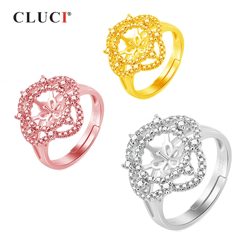 

CLUCI 925 sterling silver Adjustable Four Leaf Clover Ring Mounting with zircon Women Ring Vintage Jewelry Lover Gift SR2135SB