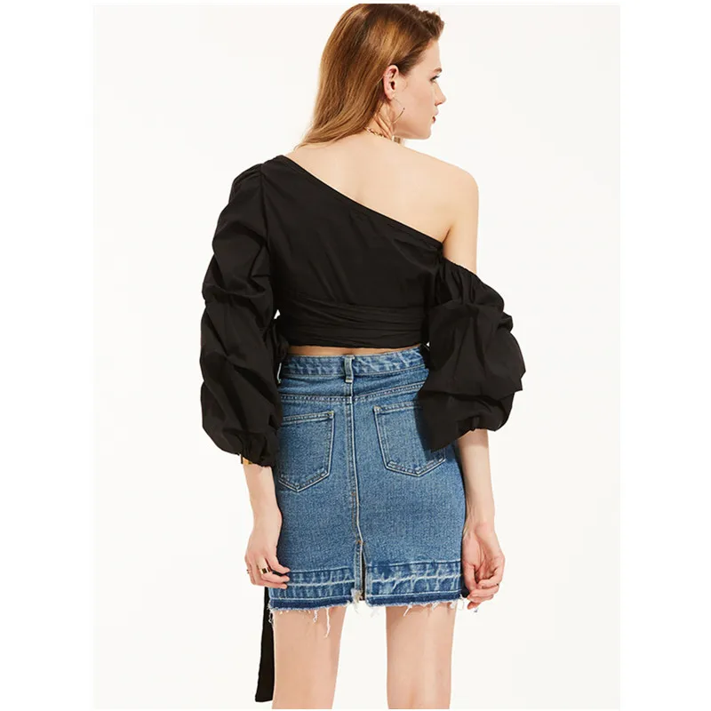 Женская блузка черный косой воротник 2018 весенние пикантные Рубашки для