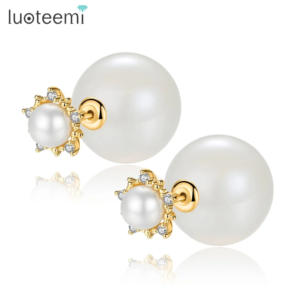 

LUOTEEMI Imitation Pearl Stud Earrings For Women Charming Sparkling CZ Crystal Jellylike Color Fashion Jewelry Girlfriend Gifts