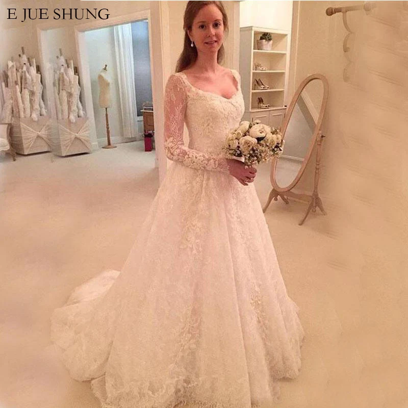 

E JUE SHUNG ivory Vintage lace long sleeves Wedding Dresses 2019 v-neck Cheap Wedding Gowns Bride Dress robe de mariee