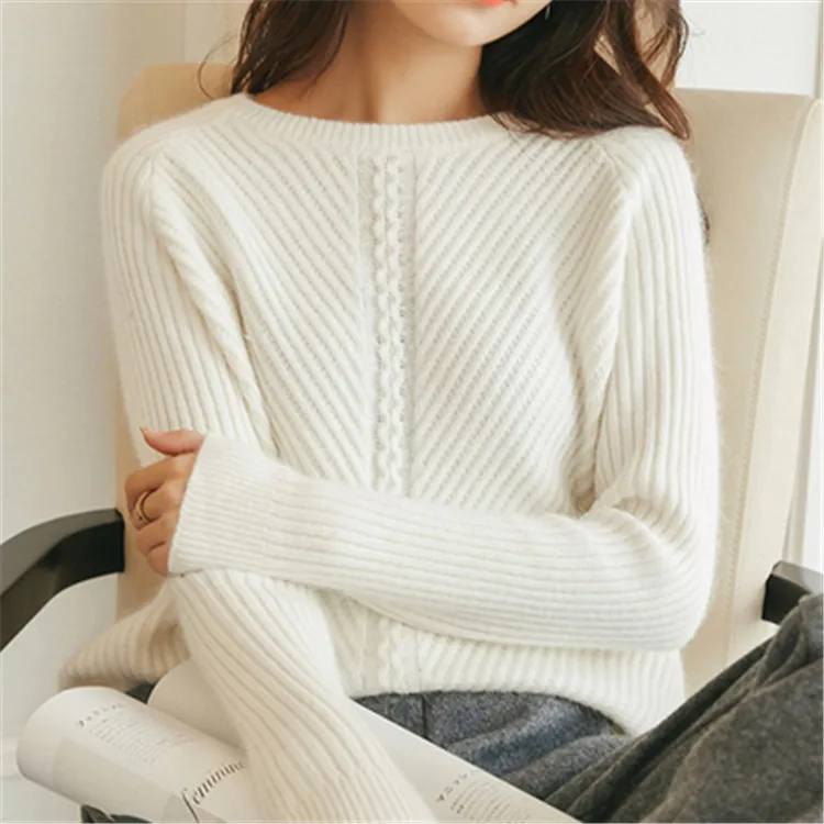 korean style pure cashmere knit women sweet low Oneck slim pullover sweater solid color S-3XL | Женская одежда