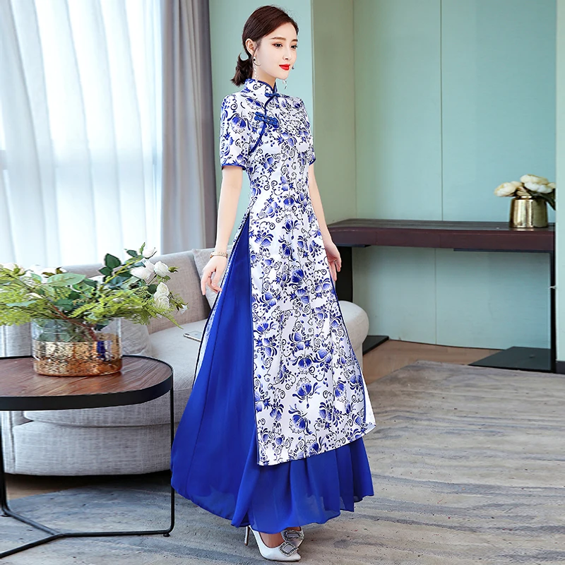 Новое поступление голубое белое фарфоровое длинное платье Ao Dai qipao для женщин |