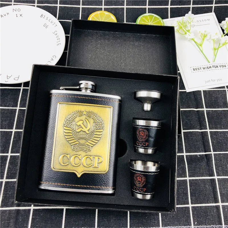 Bpa free 8 унций обернутая искусственной кожей бутылка для виски Cccp Воронка FLAGON нержавеющая сталь водка чашка спирт бедра фляжка набор с подарочной коробкой