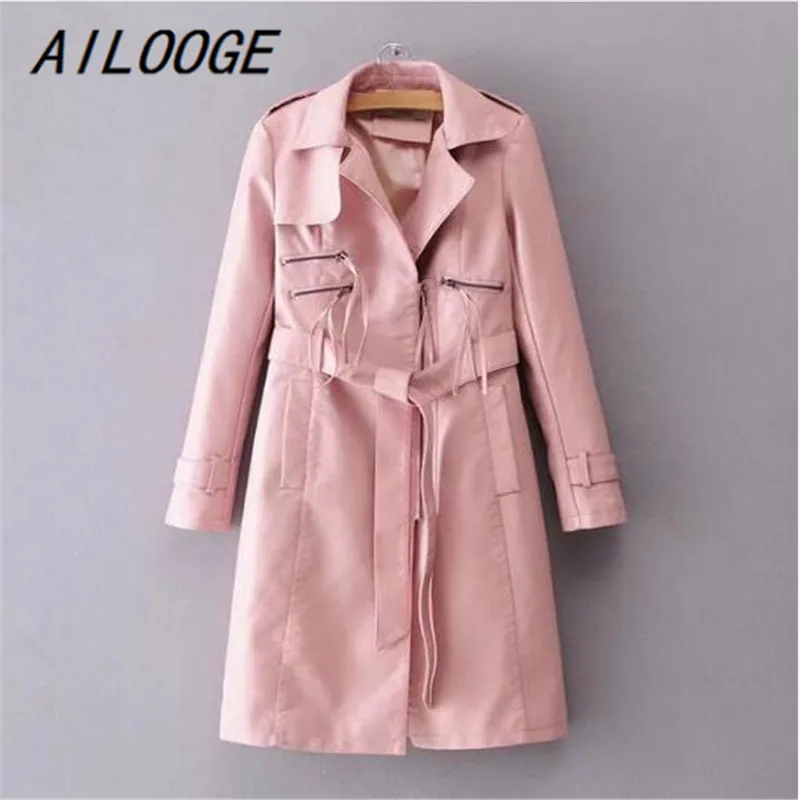 Pink AILOOGE, новинка, модный стиль, с отворотом, с поясом, с длинным рукавом, кожаное пальто на молнии, из искусственной кожи, женское длинное пальто, черный, розовый - Цвет: Pink