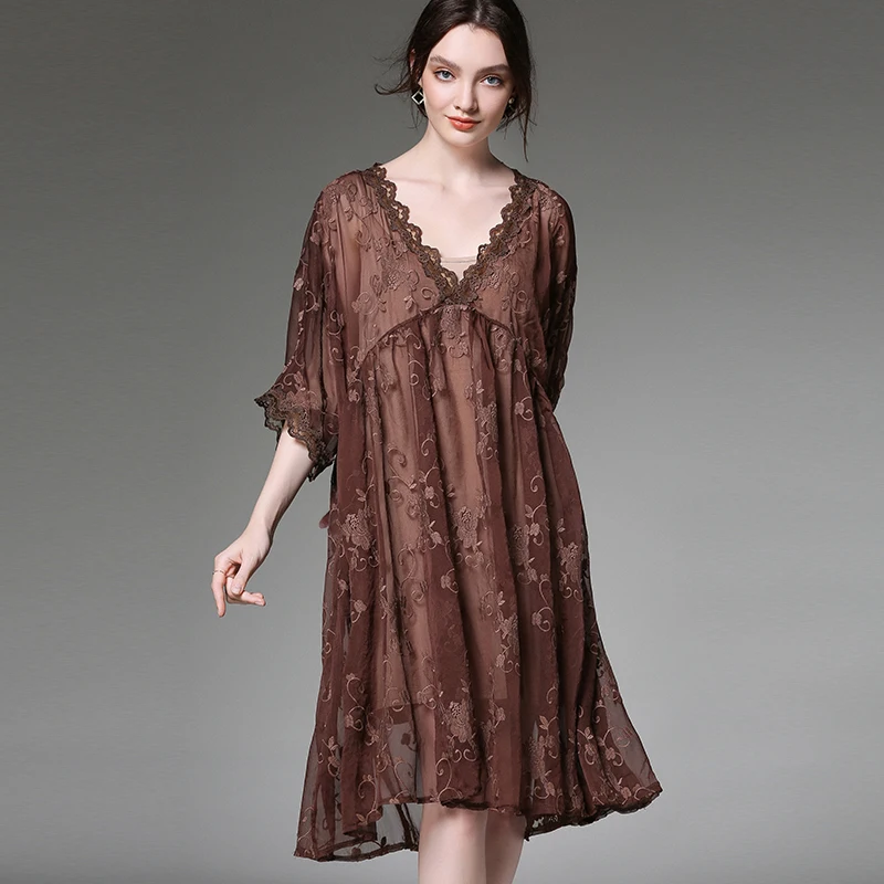 Кружевное платье с v-образным вырезом большие размеры свободная Цветочная