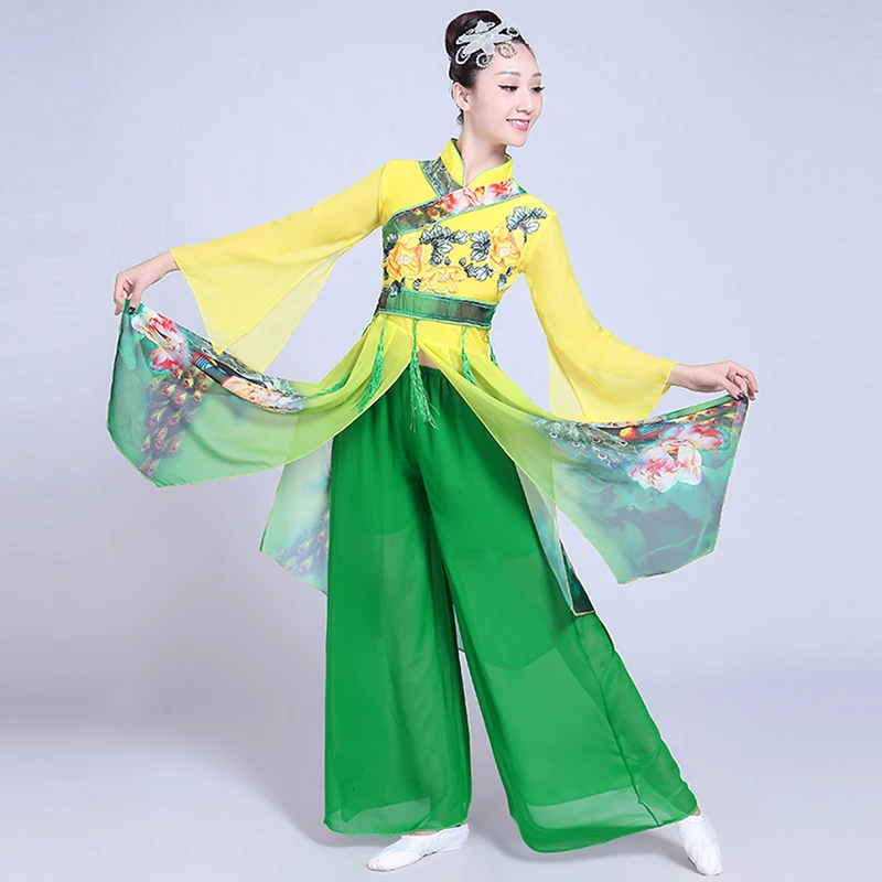 Chinese style Hanfu classical dance costumes female elegant fan costume Yangko clothing suit festival wear | Тематическая одежда и