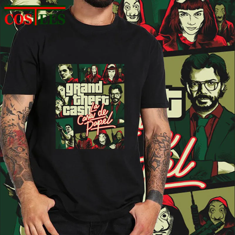 Футболка Camiseta Grand Theft Cash GTA забавная футболка для мужчин с банкнотами Bella Ciao homme House