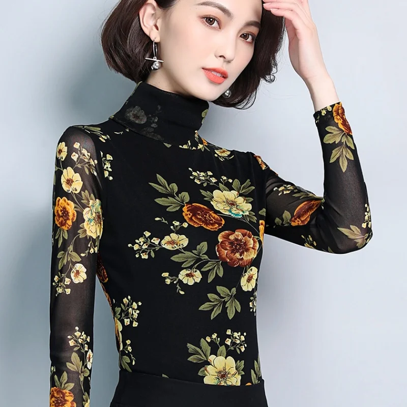 

Spring Fall Fashion Women Slim Stretch Red Yellow Flower Turtleneck Mesh Shirt , Woman Fleece Warm Elastic Printed Floral Shirts