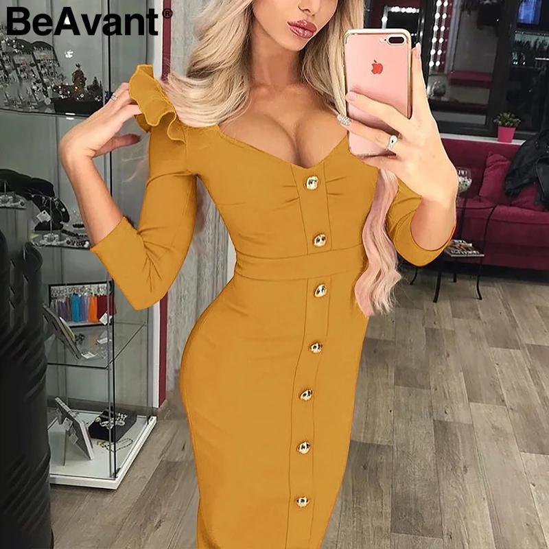 BeAvant площади шеи Сексуальная bodycon Платье Женщины Офис узкие платье с длинными