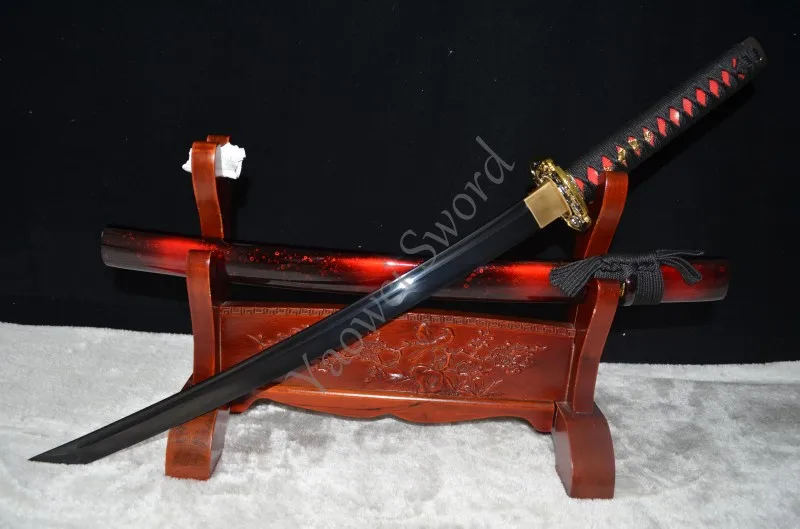 Японский самурайский меч WAKIZASHI SHARP с черным лезвием ручная работа дракон Цуба