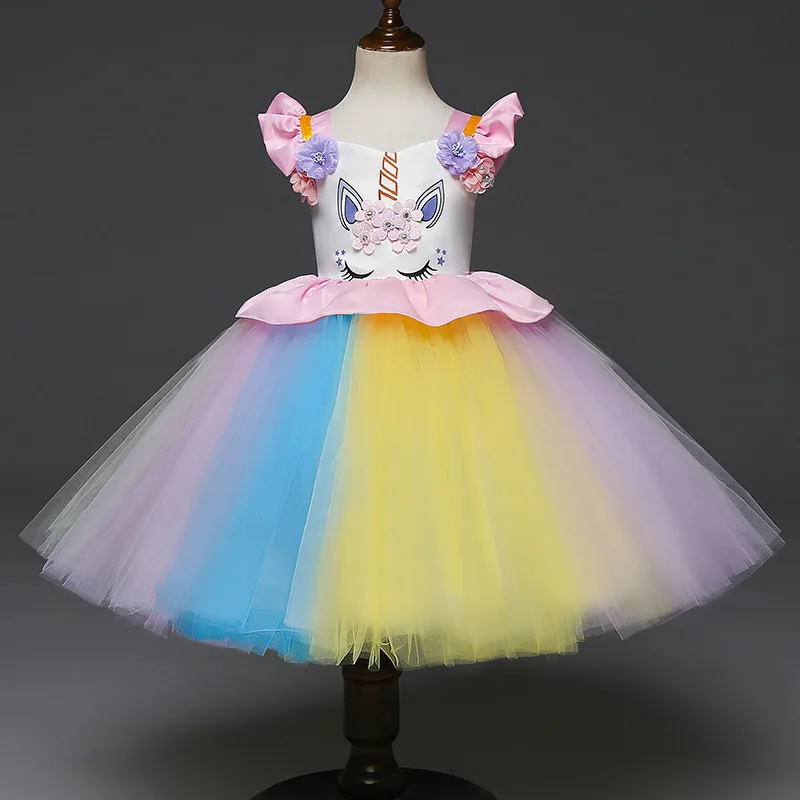Baby Girl Unicorn Party Dress 1 2 3 4 5 6 7 8 Y Infant Elegant Colorful Flowers Birthday Dresses Kids Princess 2M16A | Детская одежда и