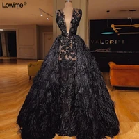 fashion black lace long evening dresses with feathers two pieces illusion zipper back deep v neck evening prom party gowns sash