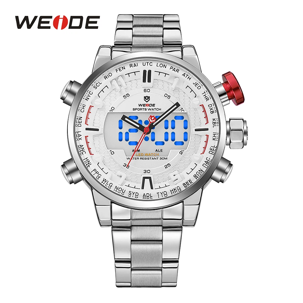 WEIDE Мужская Спортивная модель несколько функций бизнес Авто Дата Неделя Аналоговый светодиодный дисплей будильник секундомер часы стальной ремешок наручные часы