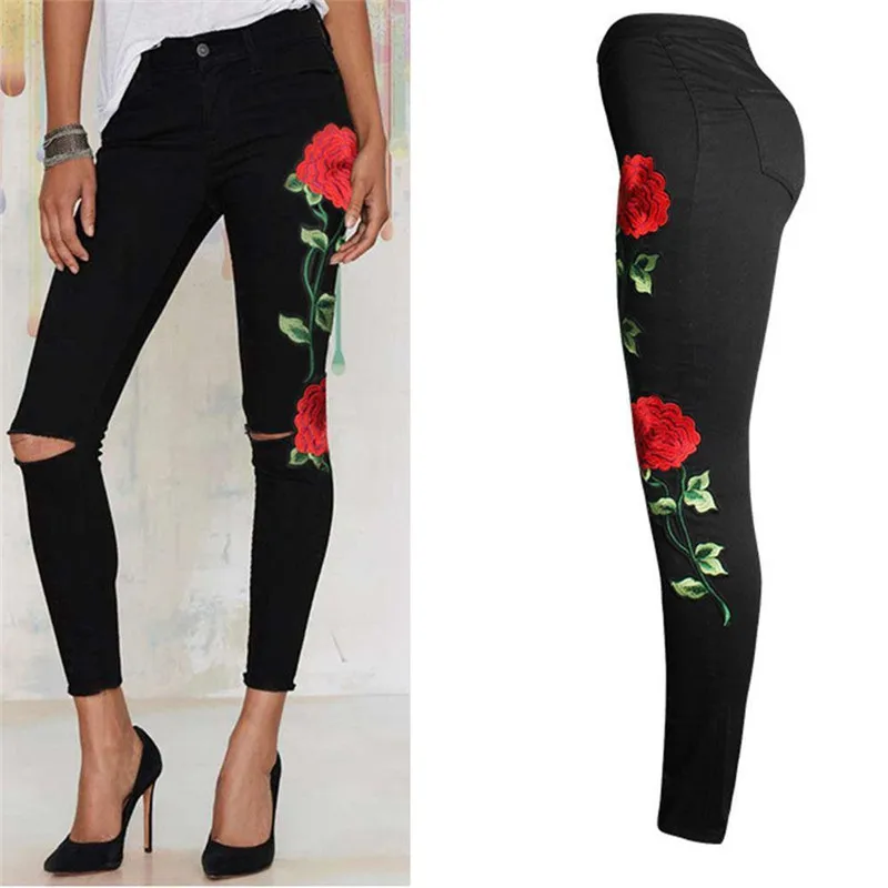 

Женские джинсовые брюки-карандаш с цветочной вышивкой, джинсы с высокой талией, повседневные Черные Эластичные женские джинсы, рваные джин...
