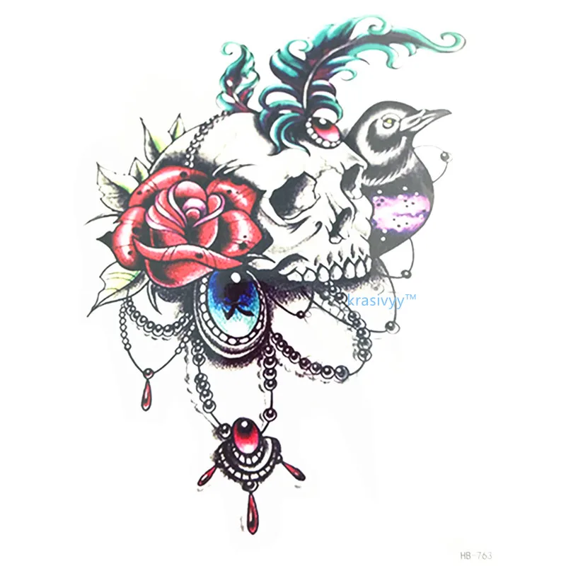 Новинка 2017 21X15 см боди арт сексуальные крутые череп и птица тату