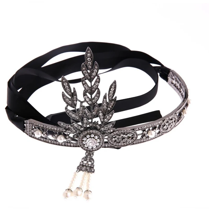 Black-headband Серебро 20s головной убор Винтаж 1920s головная повязка Хлопушка Great Gatsby ювелирные аксессуары - Цвет: Black-headband