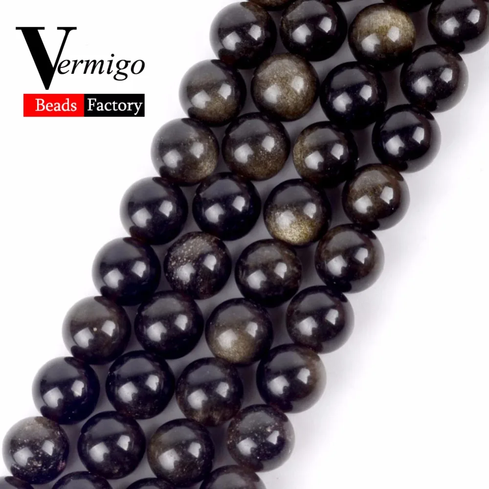

Natural Round Beads Gold Obsidian Stone Beads For Beadwork Jewelry Making Diy Bracelet Necklace 4 6 8 10 12mm 15"Strand Perles