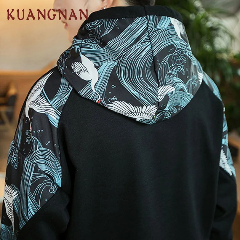 KUANGNAN китайский Стиль кран Лоскутная Толстовка Для мужчин Модная уличная человек черный балахон Для мужчин пуловер Для мужчин s толстовки осенью