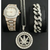 luxury men watch men jewelry watch bracelet necklace combo set lucky turn pendant ice out cuban watch bracelet for men