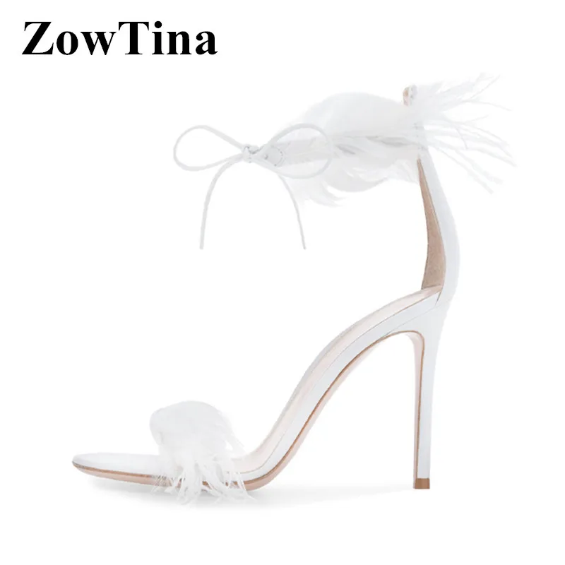 

White Feather Decor Women Gladiator Sandals 10cm Thin High Heels Formal Dress Pumps Summer Shoes Black Strap Sandalias Femmes