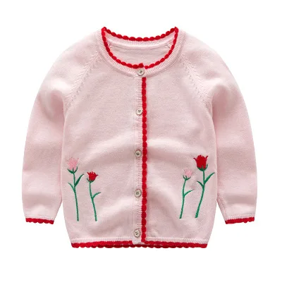 Girls Sweater Baby Girls Cotton Embroidery+ Edge Crescent Sweaters Children Spring and Autumn Fashion Single Breasted Cardigan - Цвет: Розовый