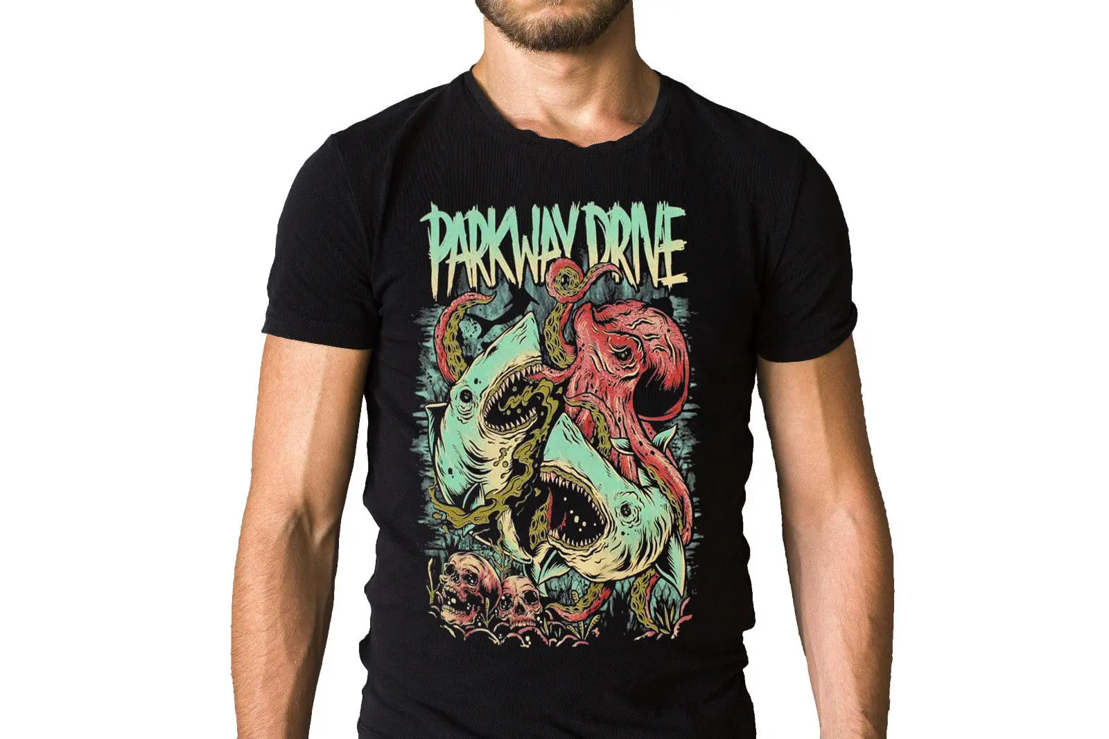 Parkway Drive Акула против футболка с Осьминогами мультфильм печати короткий рукав
