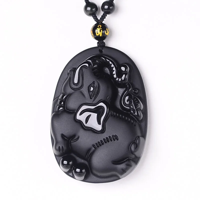Drop Shipping Black Obsidian Stone Pendants Necklace Carved Elephant  Pendant  Elephant God Necklace Men Women Fine Jade Jewelry