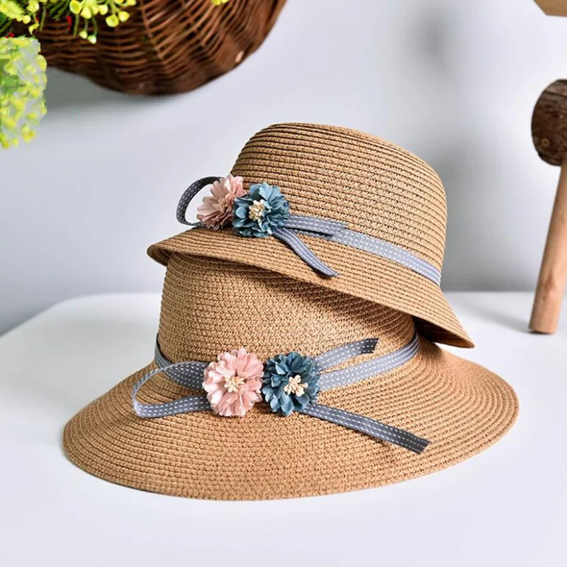 Coreano laolo de Fita Dupla flor Chapeu Pai Do Bebê Meninas Da Praia chapeus Palha das mulheres sol|Женские пляжные шляпы| |