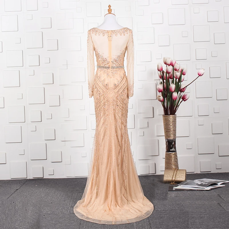 JANCEMBER vestido de gala украшенный бусинами и кристаллами длинный рукав иллюзия круглый