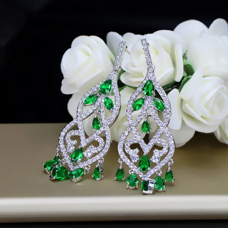 BlingZircons известный дизайнер для женщин ювелирные изделия благородный зеленый фианит длинные падение невесты Свадебная люстра серьги для невесты E049
