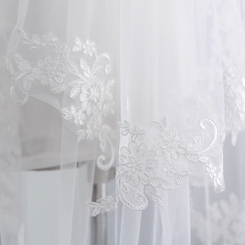 Бесплатная доставка Casamento расшитый кружевом двухслойный тюль короткая свадебная