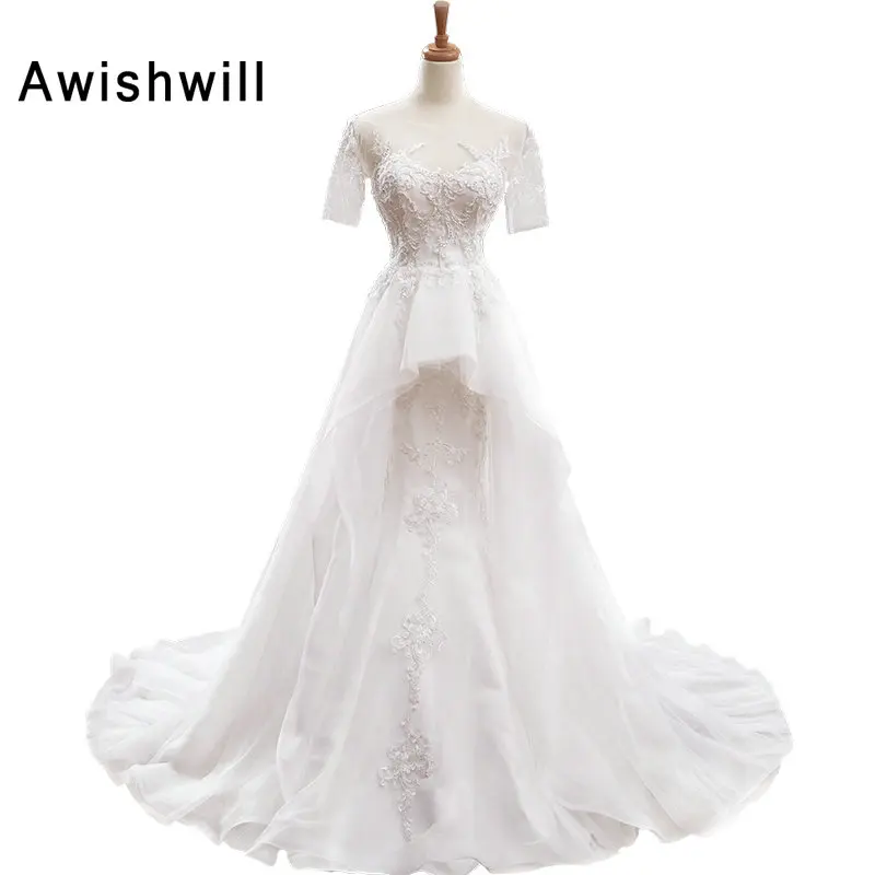 

White Vestido de Noiva A-line Wedding Dresses Vintage 2019 Lace Up Back Applique Beads Organza Brides Gown Long Robe de Mariage