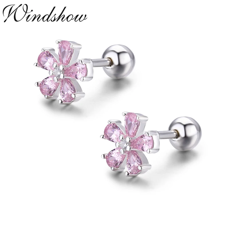 pink Милые серьги-гвоздики со снежинками и Розовыми Фианитами, 925 пробы, серебряными цветами, серьги-гвоздики для женщин, девочек, детей, ювелирные изделия для пирсинга Orecchini Aros Arete - Окраска металла: pink