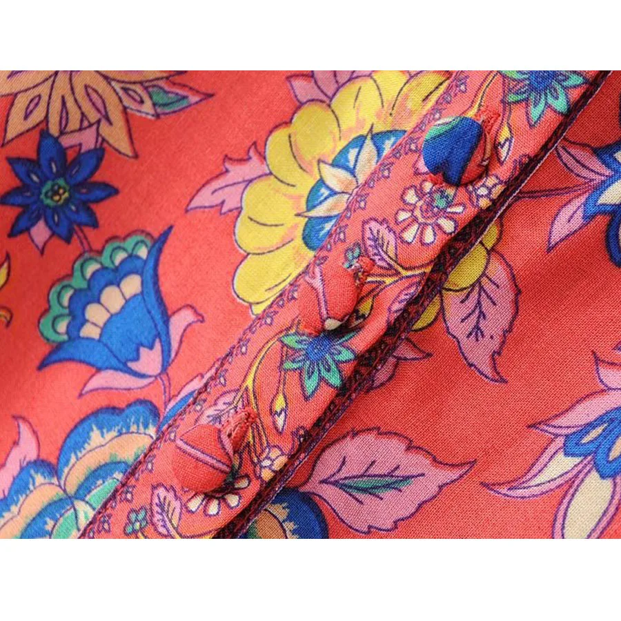 Женская винтажная блузка в стиле бохо красная с цветочным принтом птиц круглым