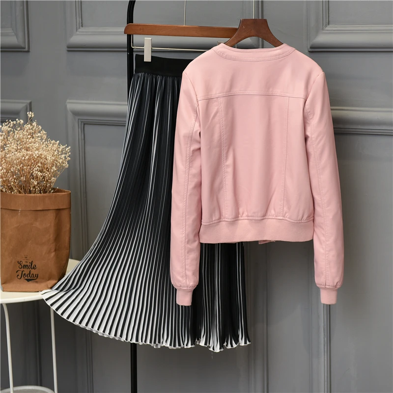 2019 Women O-neck Zipper Faux Leather Jacket Short Biker Coat Casual Jackets Female Plus Size S-4XL Basic Outwear Korean Free | Женская