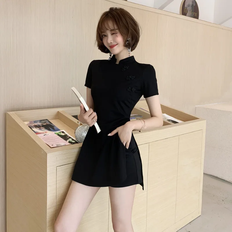 S-XXL размера плюс Китайский традиционный Топ Qipao рубашка для женщин и короткие штаны черный китайский комплект из 2 предметов винтажный комплект из двух предметов