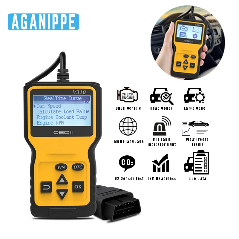 Автомобильный диагностический сканер Aganippe V310 OBD2 считыватель кодов EOBD для