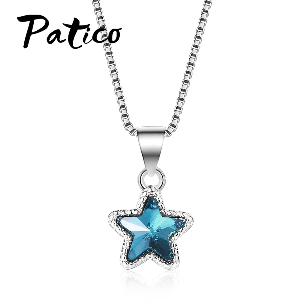 Fashion 925 Sterling Silver Necklace For Women Jewelry Charm Blue Star Crystal Pendants Accessories Party Girl Lady | Украшения и
