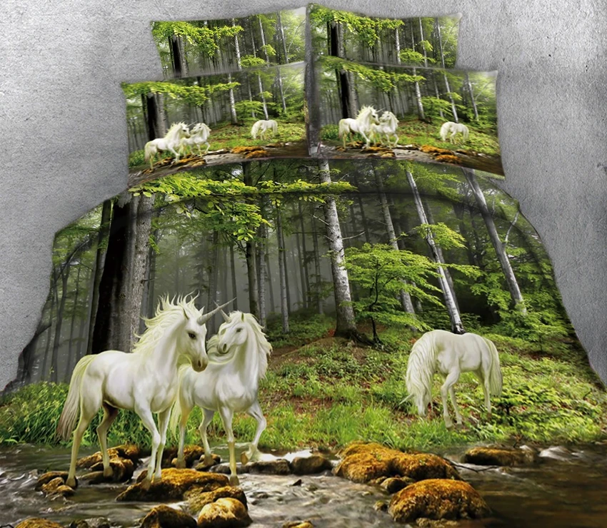 White horse near the creek in forest 3d effect photo bed linen can be customized pattern | Дом и сад