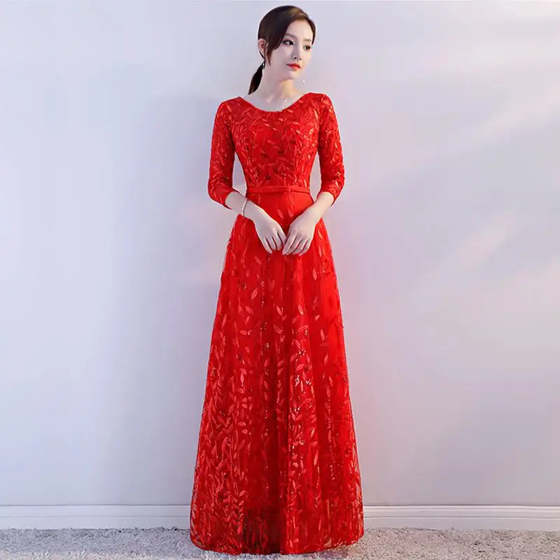 Красное традиционное китайское платье невесты женское свадебное платье Qipao элегантное весеннее длинное платье с круглым вырезом роскошное вечернее платье Vestido XS-3XL - Цвет: Красный