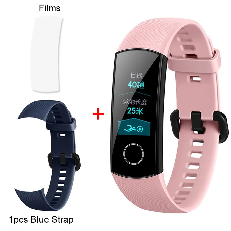 HONOR Band 4, умный браслет, фитнес-браслет, 0,95 дюймов, цветной AMOLED сенсорный экран, 5 АТМ, для плавания, с осанкой, для сердечного ритма, сна - Цвет: Pink Add Blue Strap.