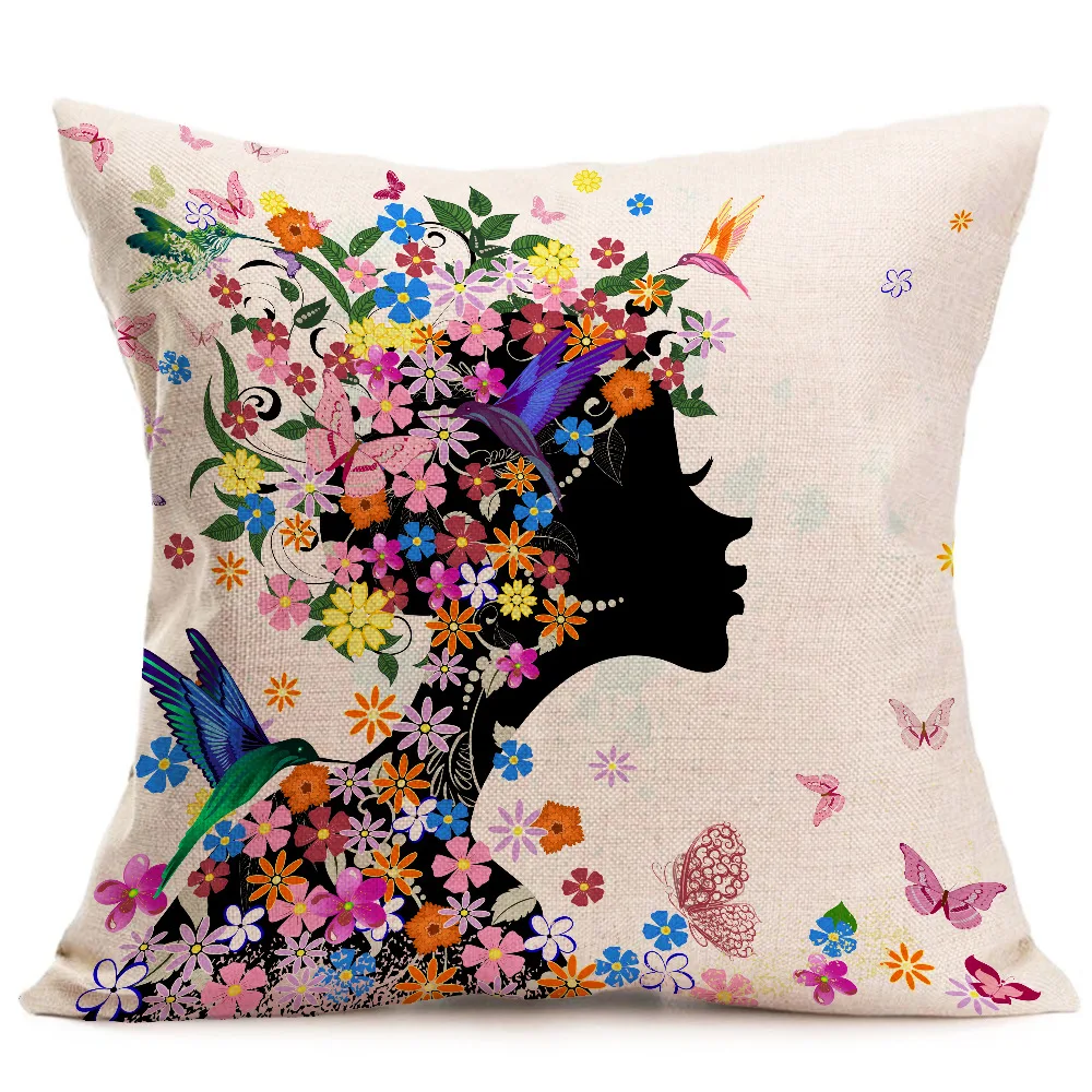 Декоративная наволочка для подушки с изображением цветов сказочной девушки