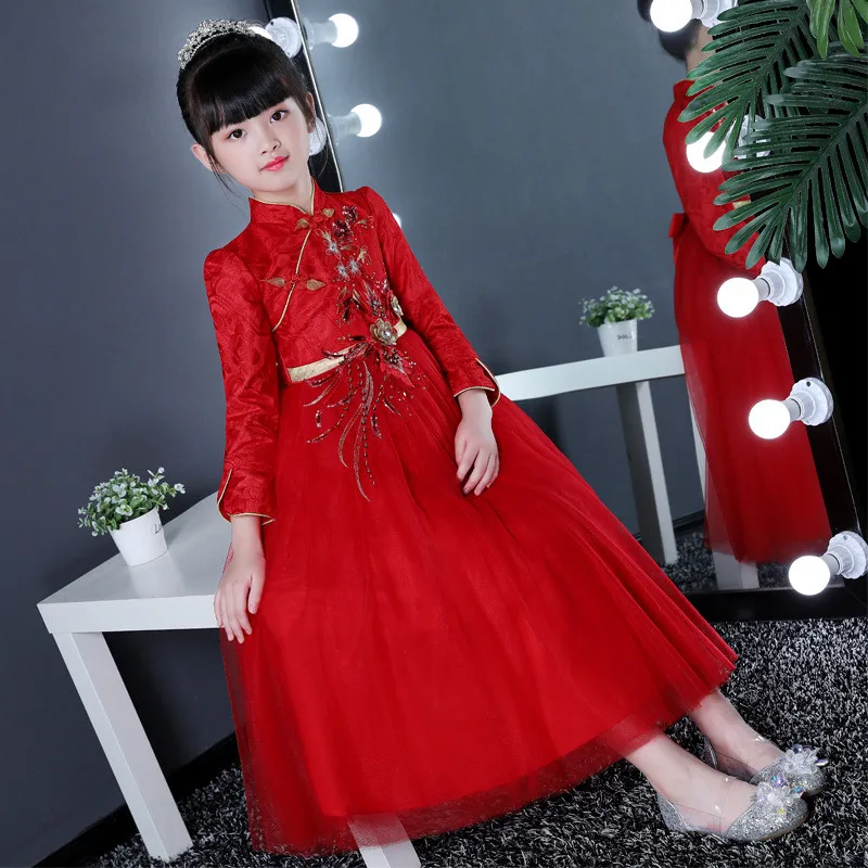 Красное китайское Qipao детское платье осень-зима Cheongsam атласное цветочное вечернее платье Детская одежда для дня рождения и нового года 12 лет