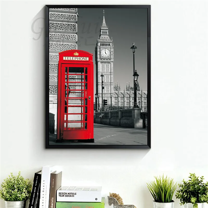 Британская телефонная будка автобус Биг-Бен вид на улице Картина холсте