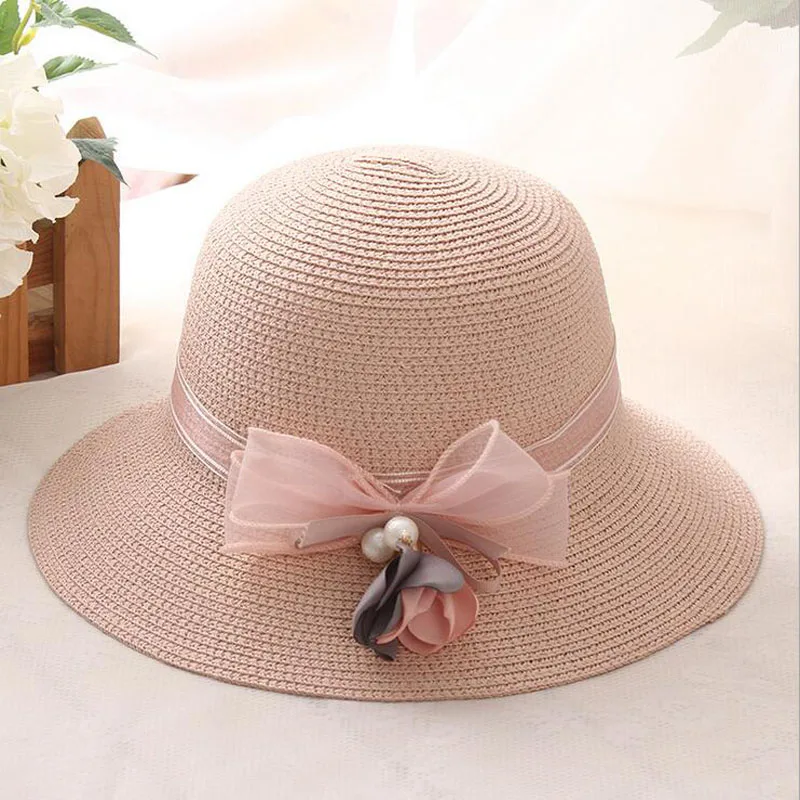 

Brand New Summer Hats for Women Pearl Bow Straw Sun Hats Chapeau Femme Beach Casual Hat Snapback Wide Brim Caps Basin Hat