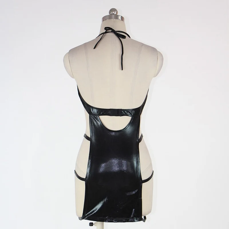 Сексуальное черное платье из искусственной кожи для женщин Wetlook Halter Cut Out Chemise