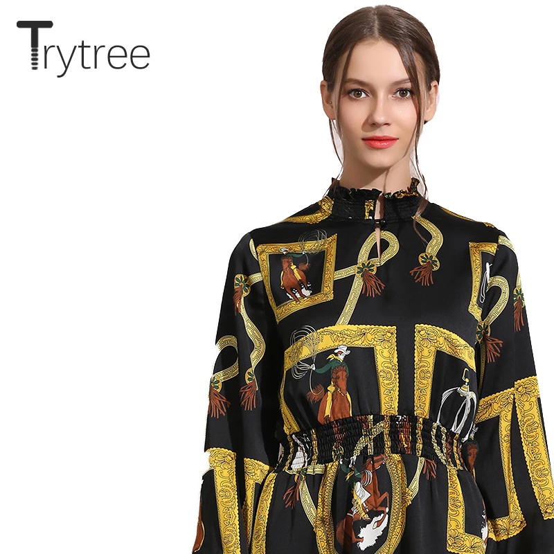Trytree осеннее платье элегантное винтажное шелковистое женское с принтом рукав