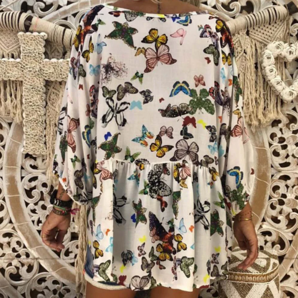 Бабочка Топ цветочный футболка плюс Размеры 5xl Vetement Femme 2019 глубоким v-образным